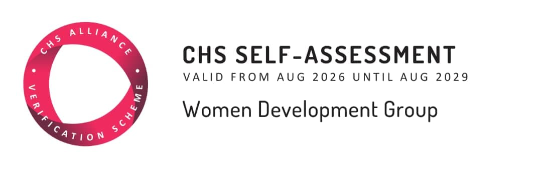 CHS Alliance Verification Scheme stamp: CHS Self-Assessment, Women Development Group, valid August 2026 – August 2029